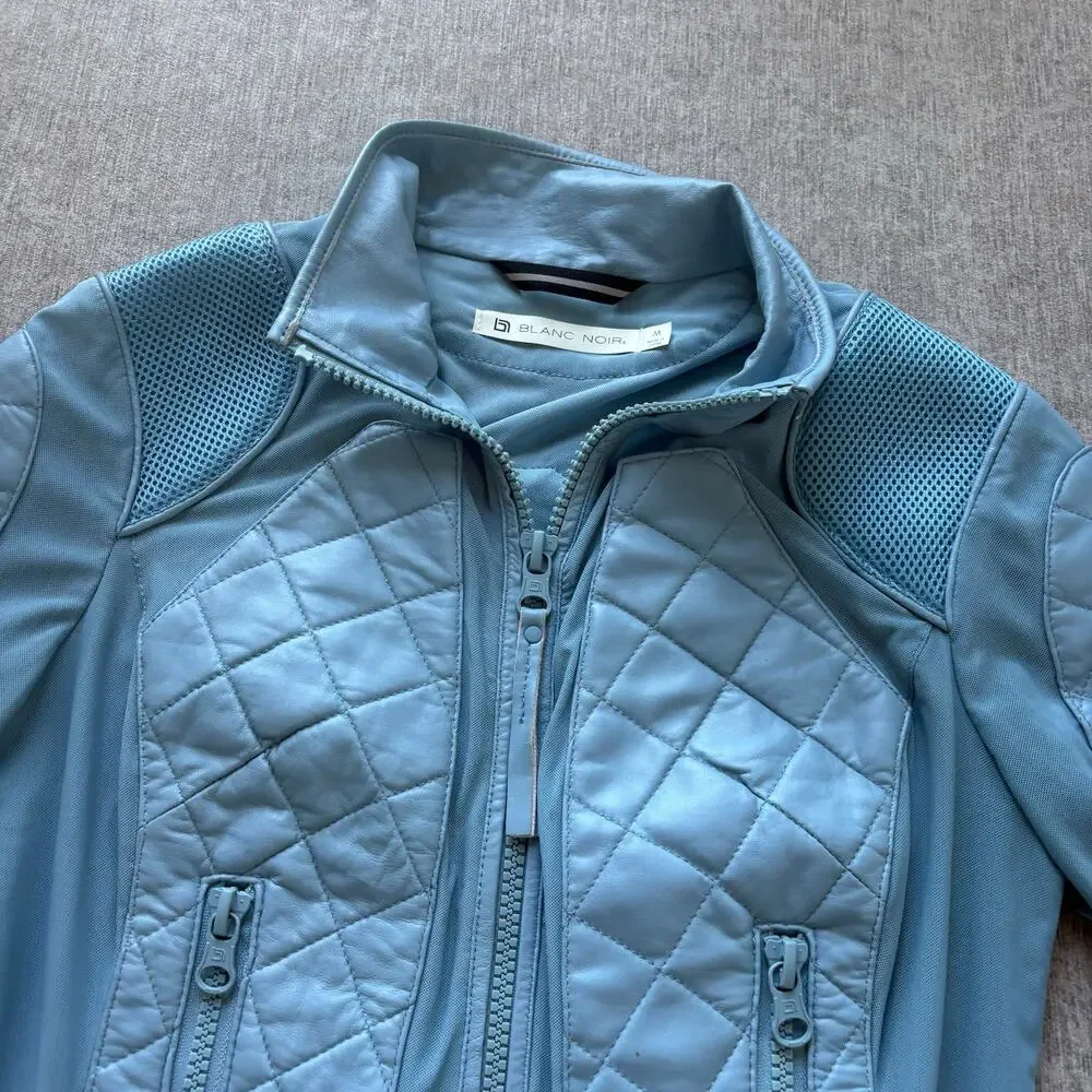 Blanc Noir Blue Leather Moto Mesh Jacket - Picture 9 of 12
